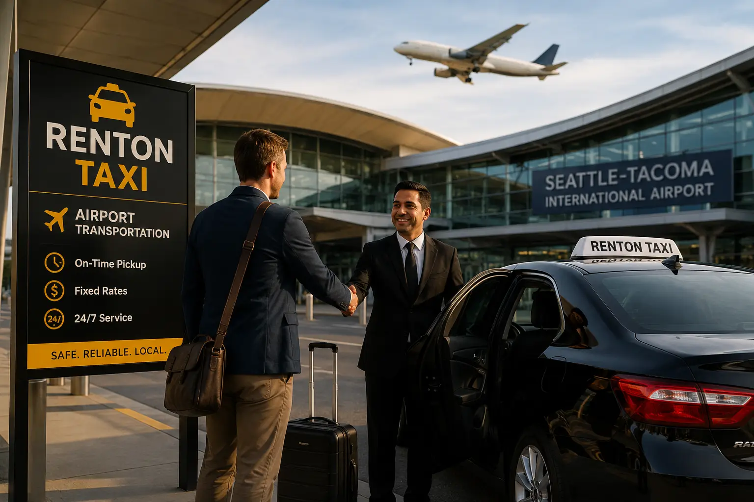 Professional Renton Taxi airport transportation service featuring a driver greeting a traveler outside Seattle-Tacoma International Airport with a taxi vehicle and airplane in the background.