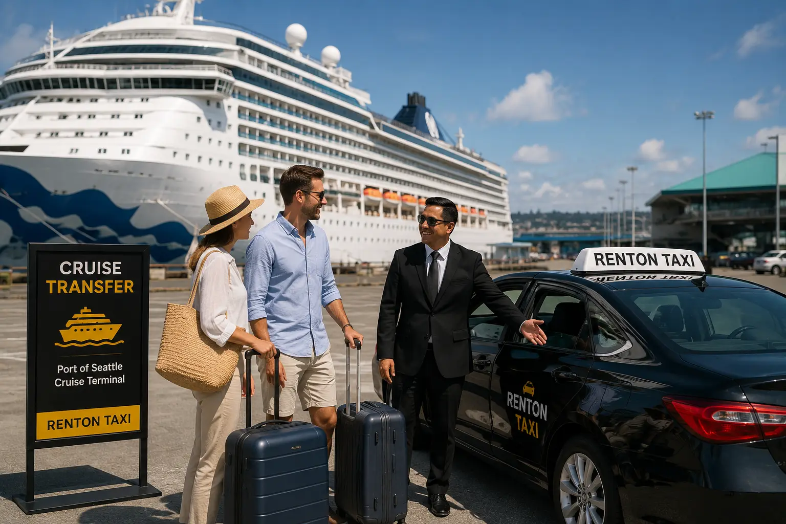 Renton Taxi cruise transfer service featuring a professional driver assisting travelers with luggage near a Seattle cruise terminal and cruise ship.