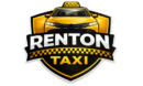 Renton Taxi logo featuring a yellow taxi vehicle above bold Renton Taxi text with black and yellow shield styling and checkered taxi accents.