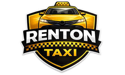 Renton Taxi logo featuring a yellow taxi vehicle above bold Renton Taxi text with black and yellow shield styling and checkered taxi accents.