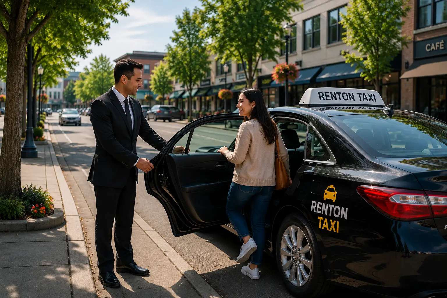 Professional Renton Taxi driver assisting a passenger into a taxi on a downtown street, showcasing reliable local transportation service in Renton, Washington.